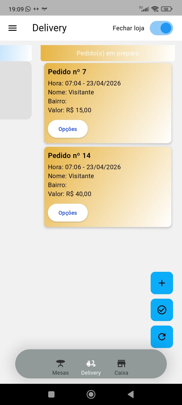 App do garçom com tela de pedidos de delivery